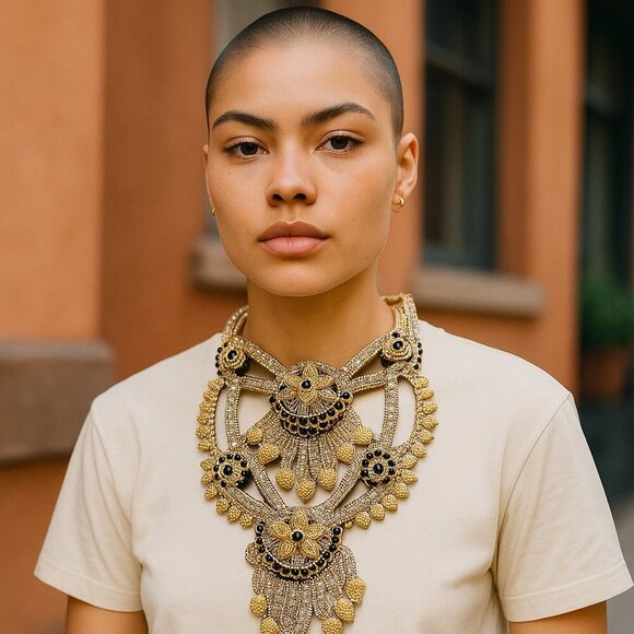 Extravagant Maximalism Bollywood Style Bib Necklace Gold & Green & Crystals read - Picture 1 of 8